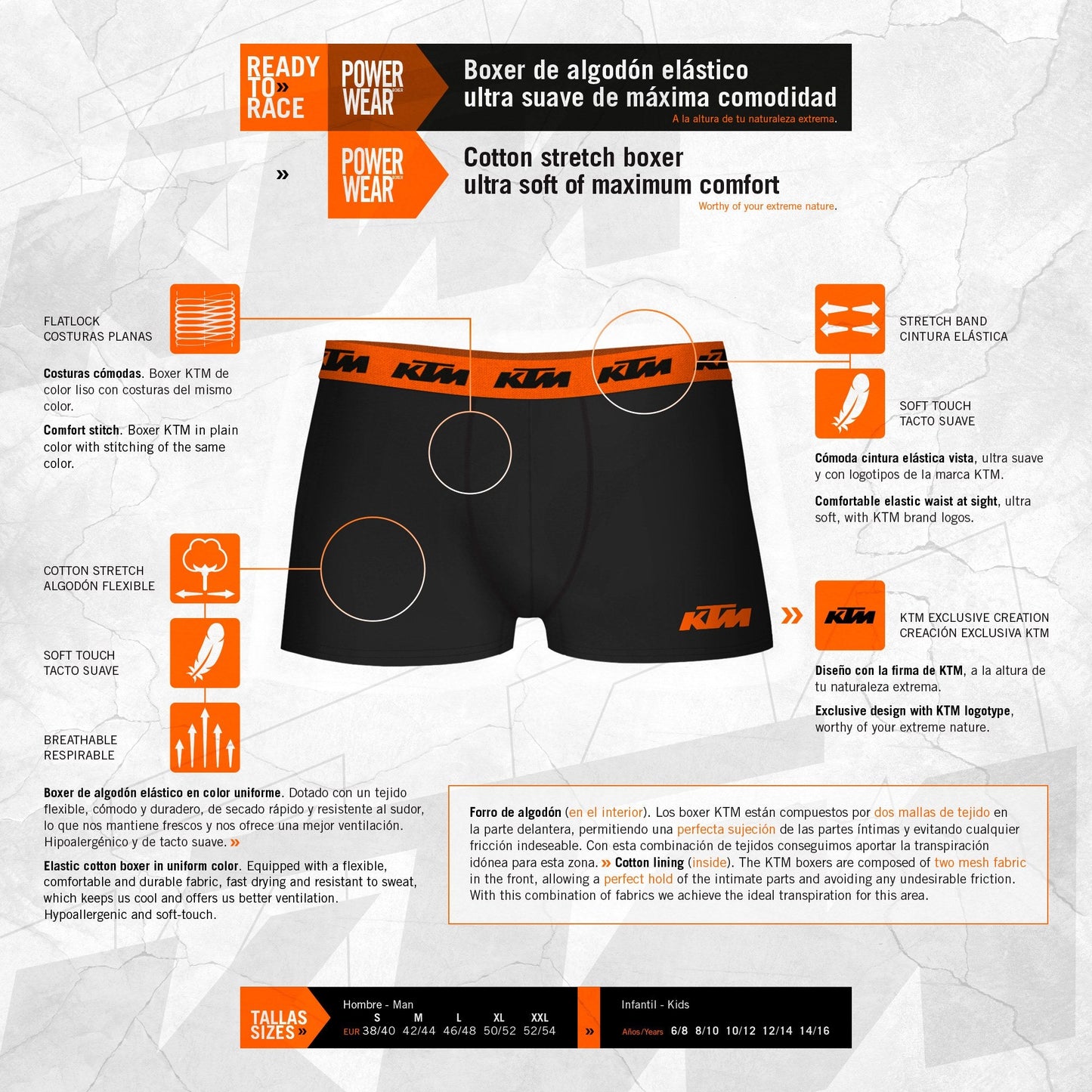 Set de 10 Calzoncillos Boxer Negro KTM para Hombre - 65% poliéster, 35% algodón