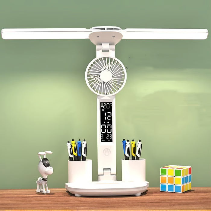 Lámpara LED recargable con ventilador, calendario, portalápices y más