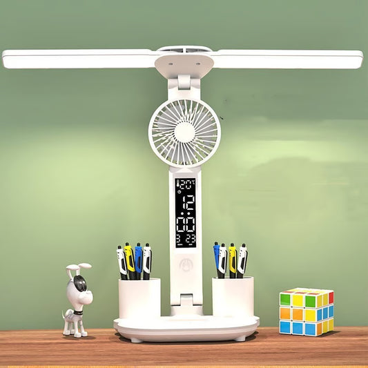 Lámpara LED recargable con ventilador, calendario, portalápices y más