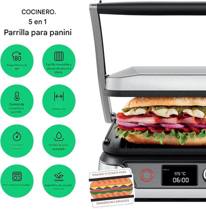 Prensa Panini Digital 5 en 1 con Grill y Plancha Reversible