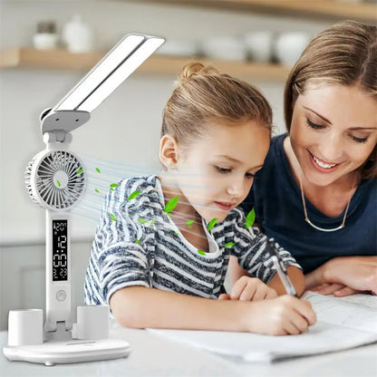 Lámpara LED recargable con ventilador, calendario, portalápices y más