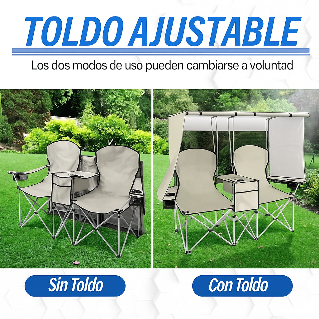Silla Doble Portátil para Camping con Protección para el Sol