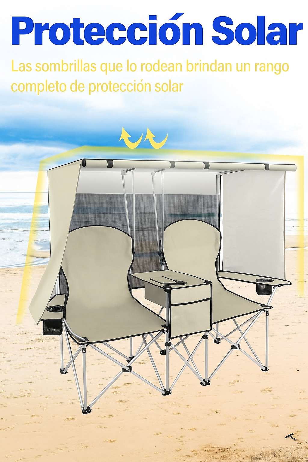 Silla Doble Portátil para Camping con Protección para el Sol