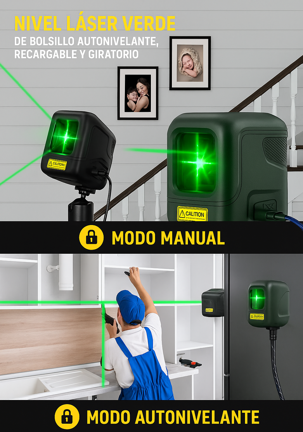Nivel laser Verde de Bolsillo autonivelante, recargable y giratorio