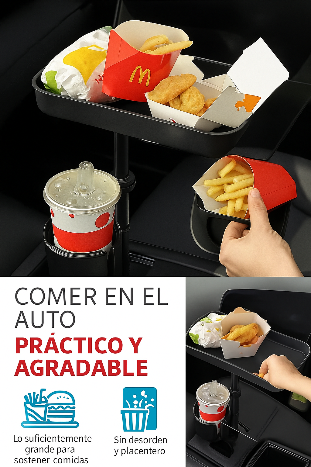 Bandeja de Comida Giratoria con Portavasos para Coche