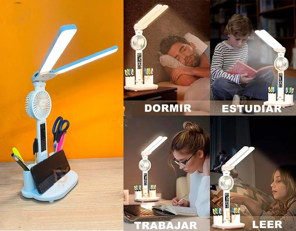 Lámpara LED recargable con ventilador, calendario, portalápices y más