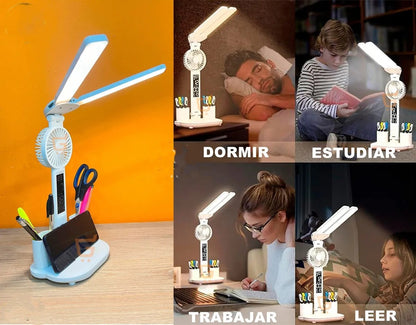 Lámpara LED recargable con ventilador, calendario, portalápices y más
