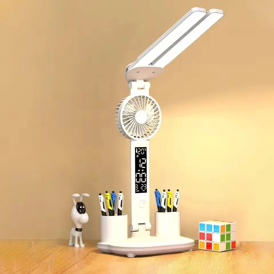 Lámpara LED recargable con ventilador, calendario, portalápices y más