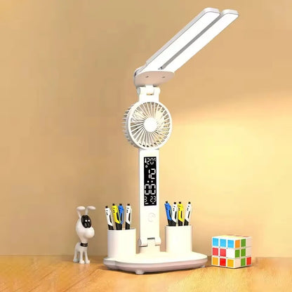 Lámpara LED recargable con ventilador, calendario, portalápices y más