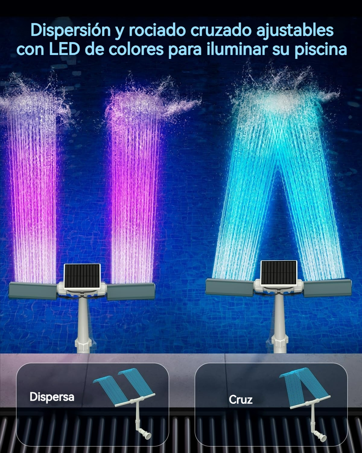 Fuente solar LED multicolor para piscina con control remoto y doble pulverización