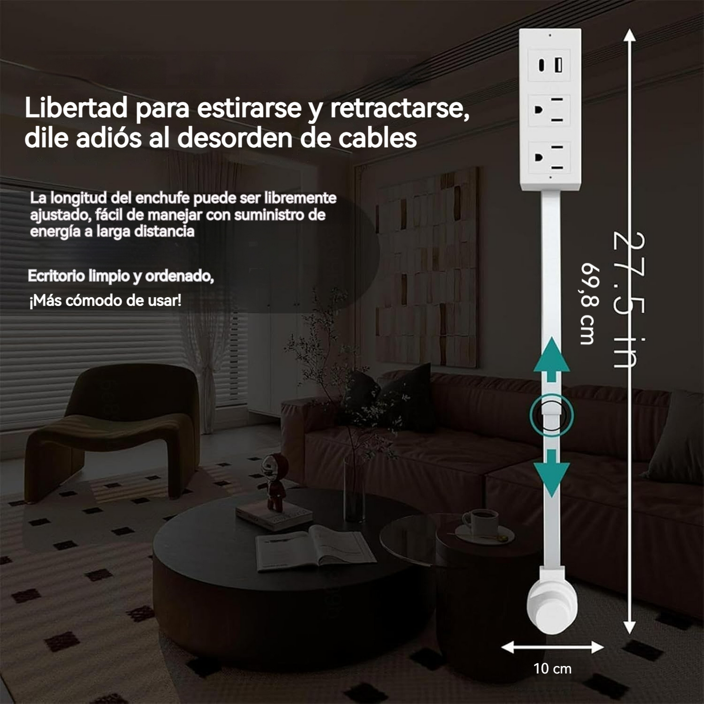 Extensor de toma de corriente con brazo giratorio 180° y puertos USB