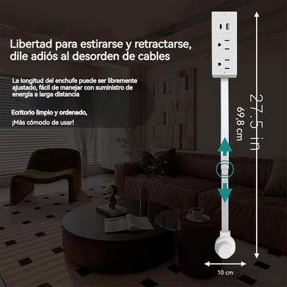 Extensor de toma de corriente con brazo giratorio 180° y puertos USB