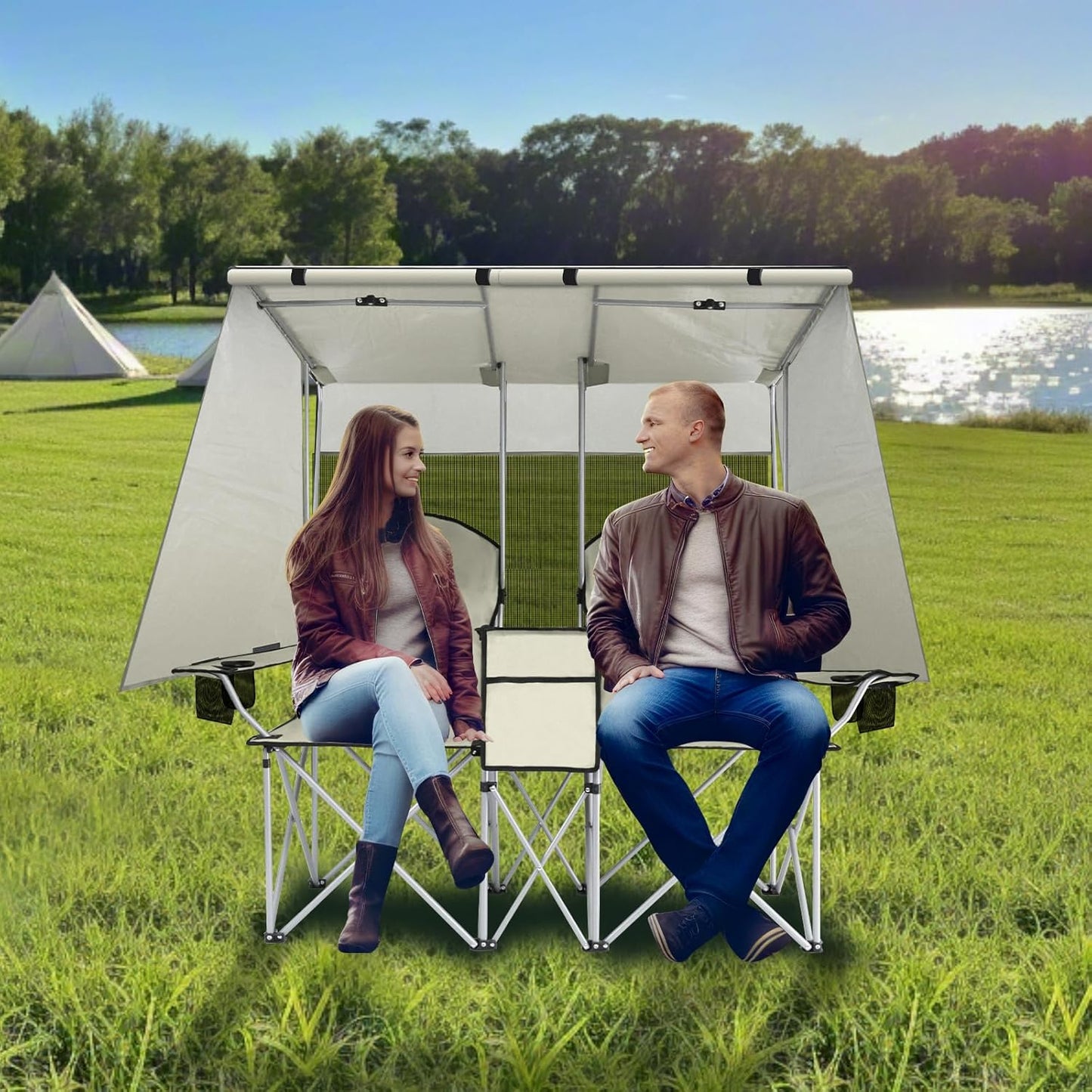 Silla Doble Portátil para Camping con Protección para el Sol