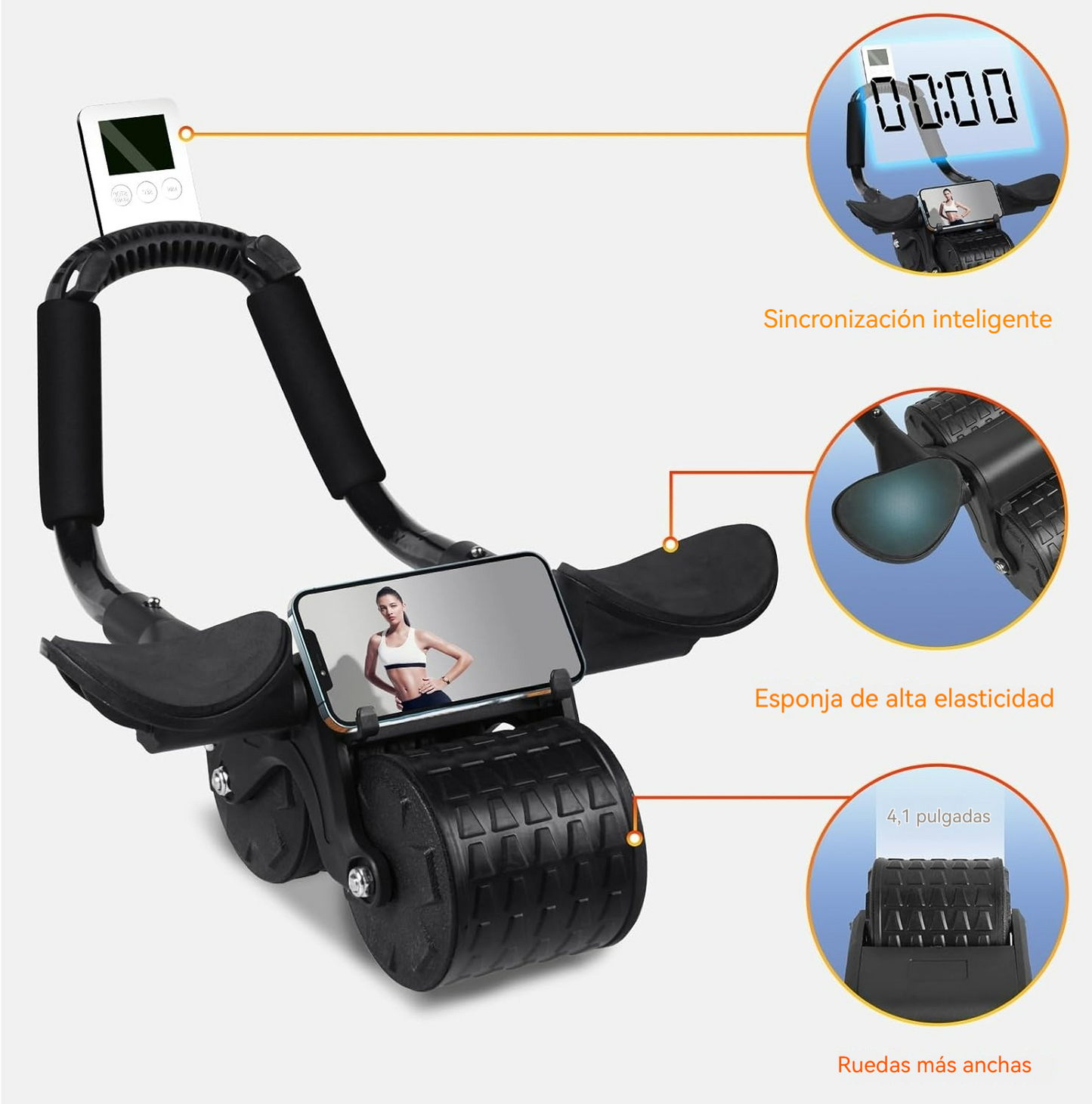 Rodillo abdominal de doble rueda con rebote automático y diseño antideslizante