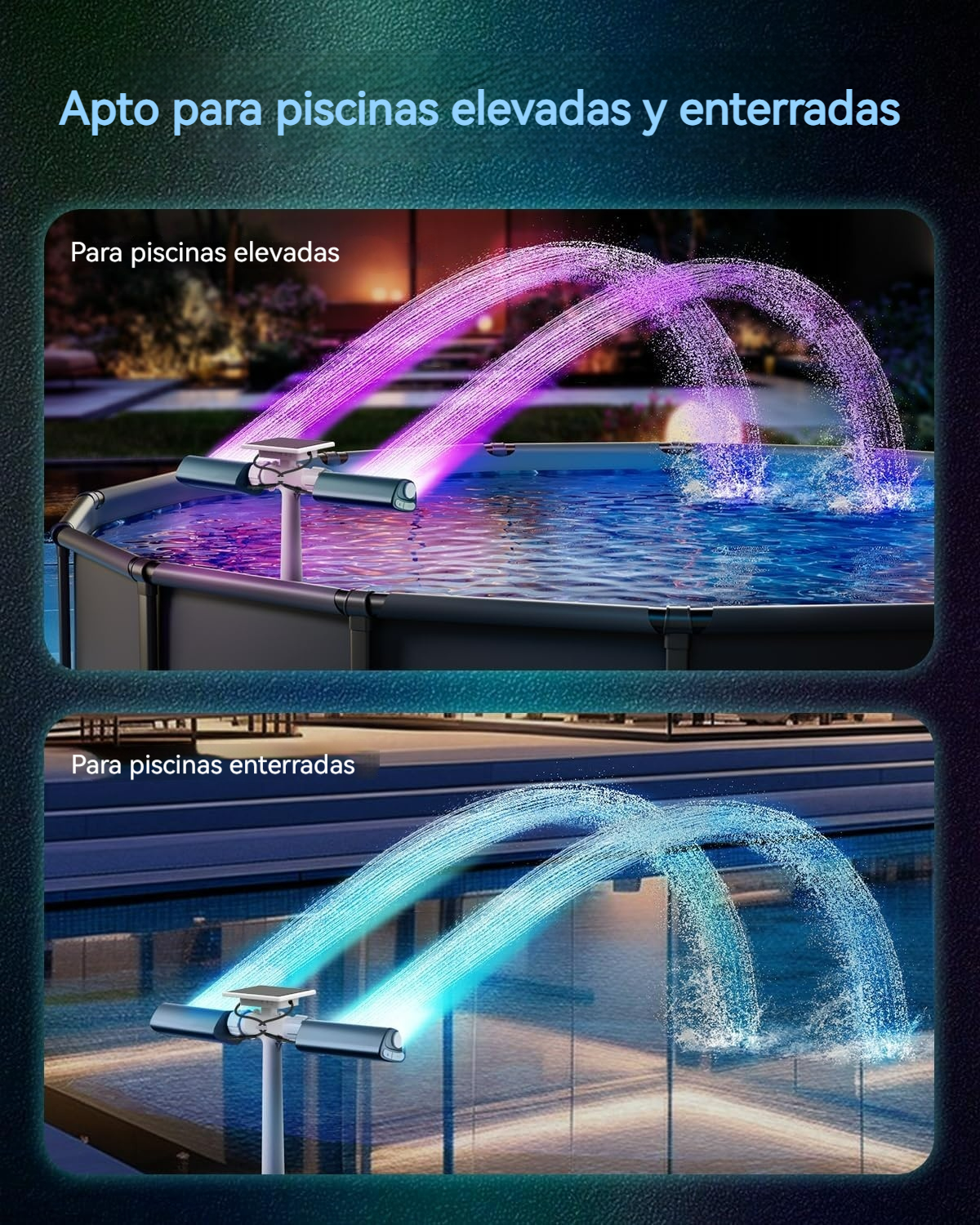 Fuente solar LED multicolor para piscina con control remoto y doble pulverización