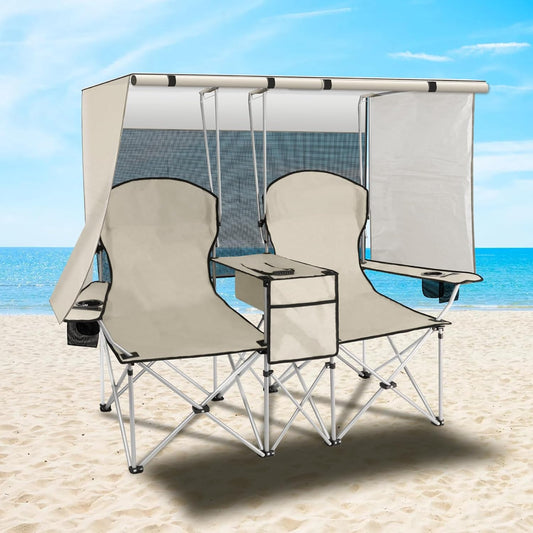 Silla Doble Portátil para Camping con Protección para el Sol