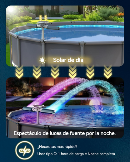 Fuente solar LED multicolor para piscina con control remoto y doble pulverización