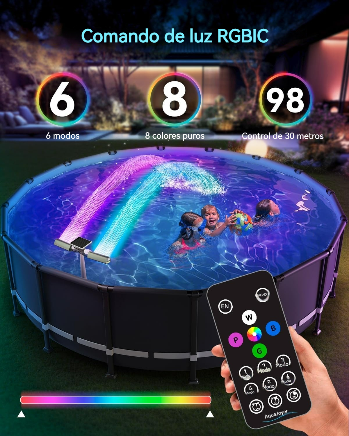 Fuente solar LED multicolor para piscina con control remoto y doble pulverización