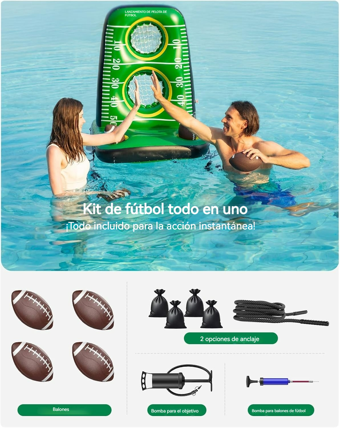 Juego inflable de fútbol para piscina con redes dobles y balones incluidos