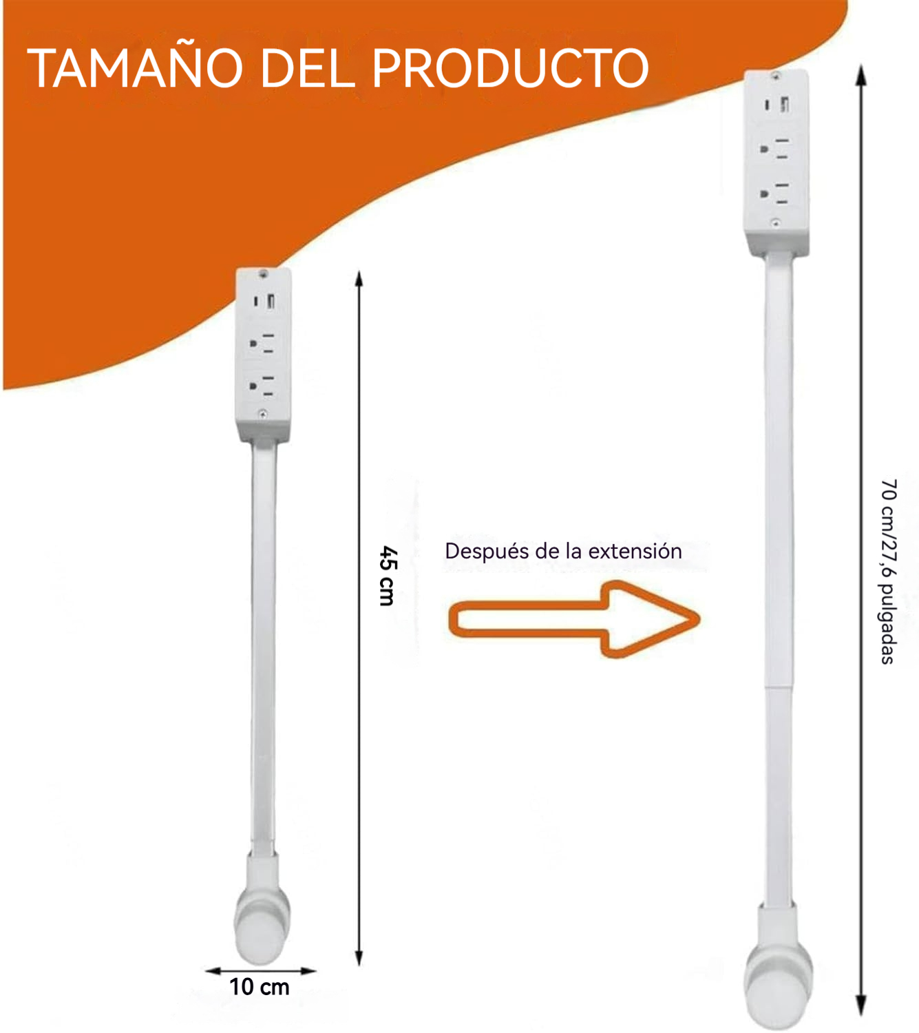 Extensor de toma de corriente con brazo giratorio 180° y puertos USB