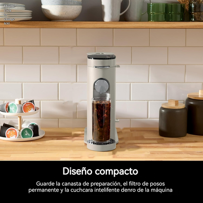 Cafetera compacta para cápsulas o molidos con modos Classic, Rich y Over Ice