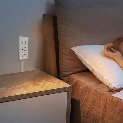 Extensor de toma de corriente con brazo giratorio 180° y puertos USB